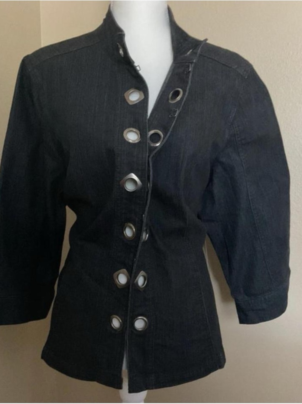 Black Women's Denim Jacket with Grommet Detail